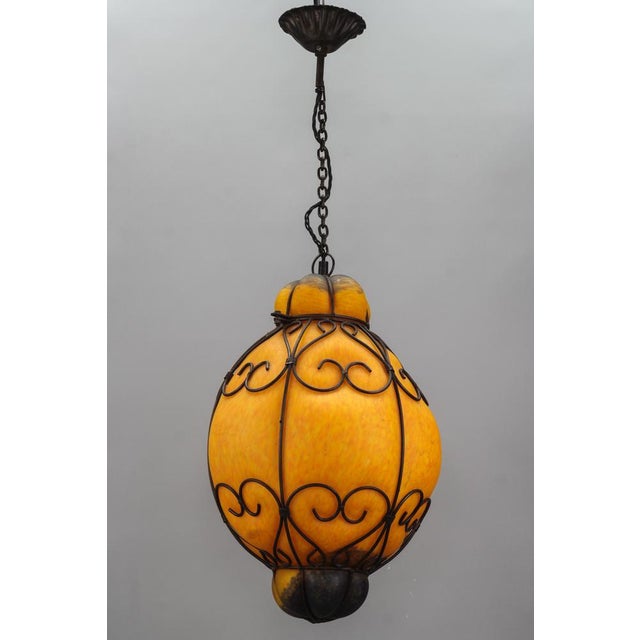 1970s Venetian Style Pâte de Verre Glass Metal Caged Lantern Pendant Light For Sale - Image 5 of 18