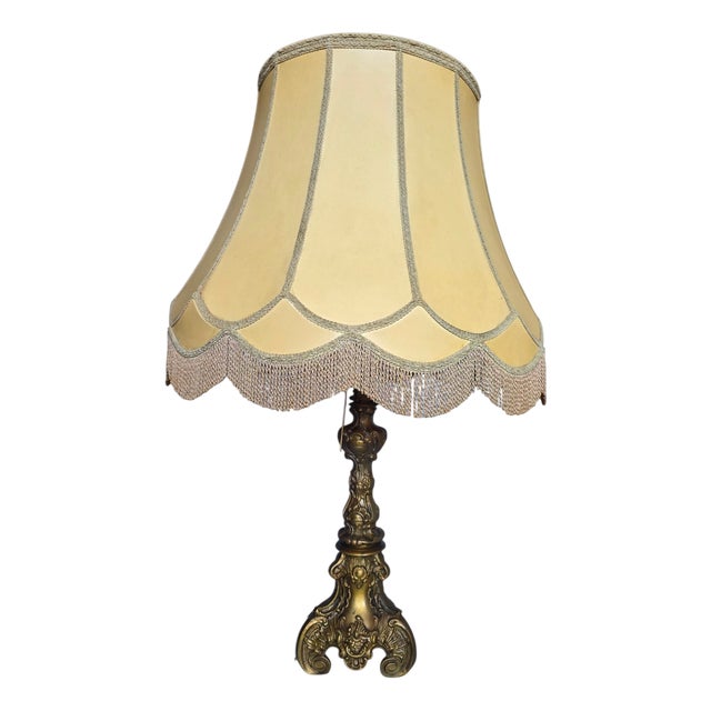 Vintage Table Lamp with Ornamental Brass Base and Leather Shade, 1955 For Sale