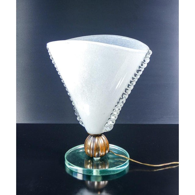 Barovier table lamp with blown glass shade in bullicante and cordonato, bronze and glass base. Italy, 1930s origin italy...