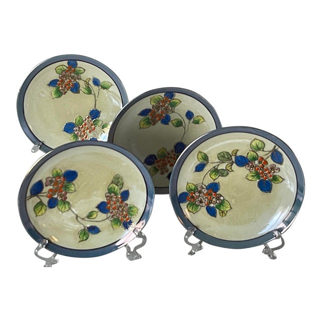 Seyei Toki Co. Japanese Export Porcelain Moriage / Barbotine-Style Raised Enamel Satsuma-Influenced Floral Decoration Circa 1920s–1930 Set of 4 Plates For Sale