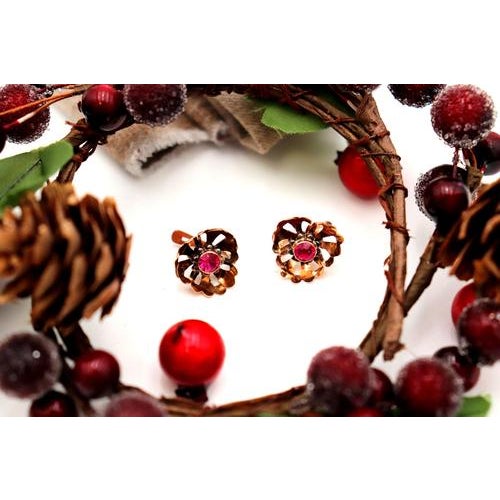 Metal Gold Earrings Cut Out with Synthetic Garnet Stone, Set of 2 For Sale - Image 7 of 7