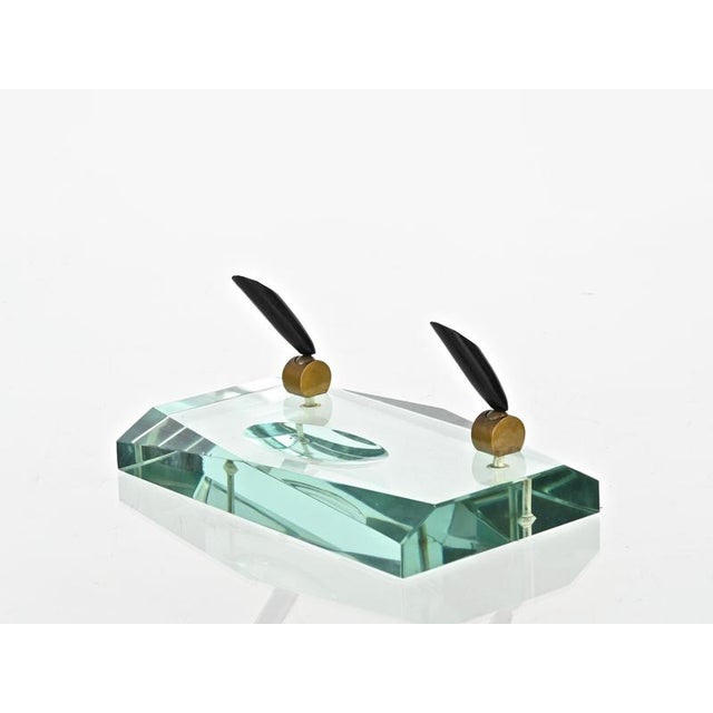 Metal Beveled Nile Green Crystal and Brass Pen Holder attributed to Fontana Arte, Italy, 1950s For Sale - Image 7 of 16