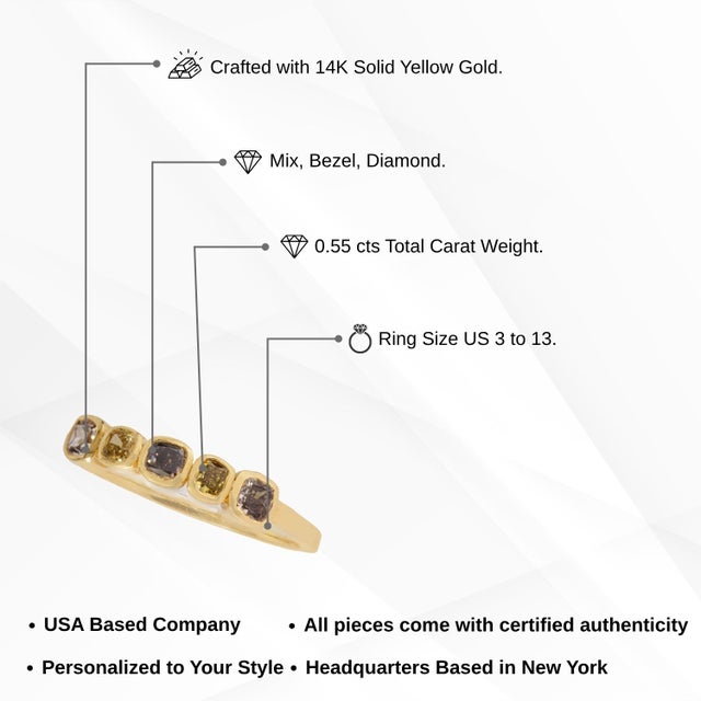 14k Gold Cushion Multi-Color Natural Diamond Five-Stone Band Ring Size 5 For Sale - Image 13 of 18
