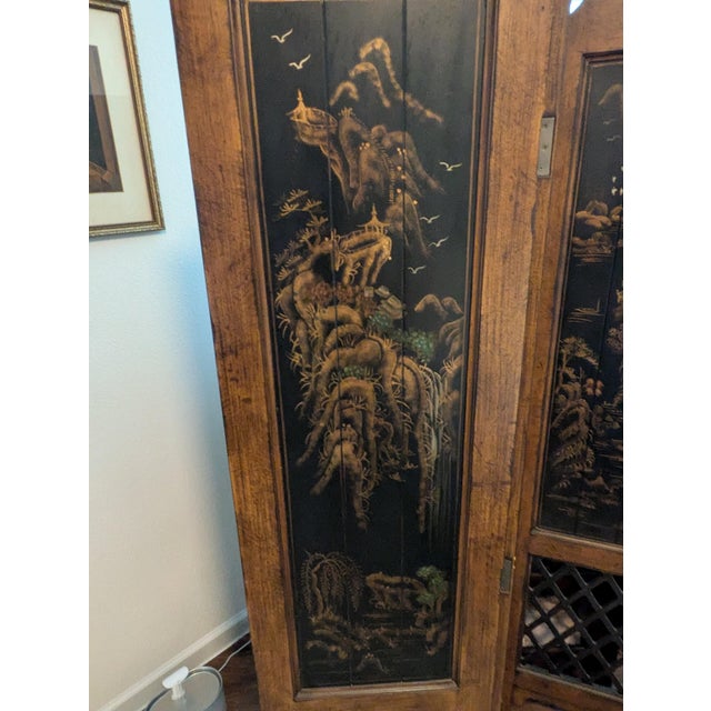 Vintage Chinoiserie Three-Panel Folding Screen With Lattice Base For Sale - Image 4 of 4