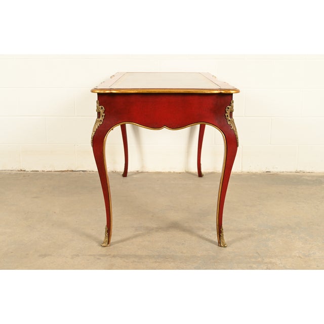 John Widdicomb French Louis XV Red Lacquered Leather Top Bureau Plat Desk With Mounted Bronze Ormolu For Sale - Image 11 of 13