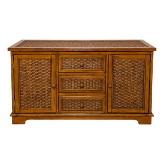 1980s Vintage Woven Rattan and Wood Credenza Sideboard For Sale