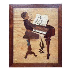 Vintage Hand Made Inlaid Wood Plaque of a Young Ragtime Boy Playing the Piano