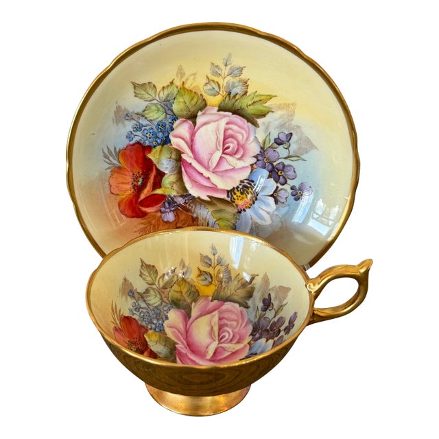 1960sv Aynsley Cabbage Rose 24kt Gold Teacup Saucer Signed For Sale