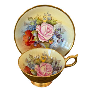 1960sv Aynsley Cabbage Rose 24kt Gold Teacup Saucer Signed