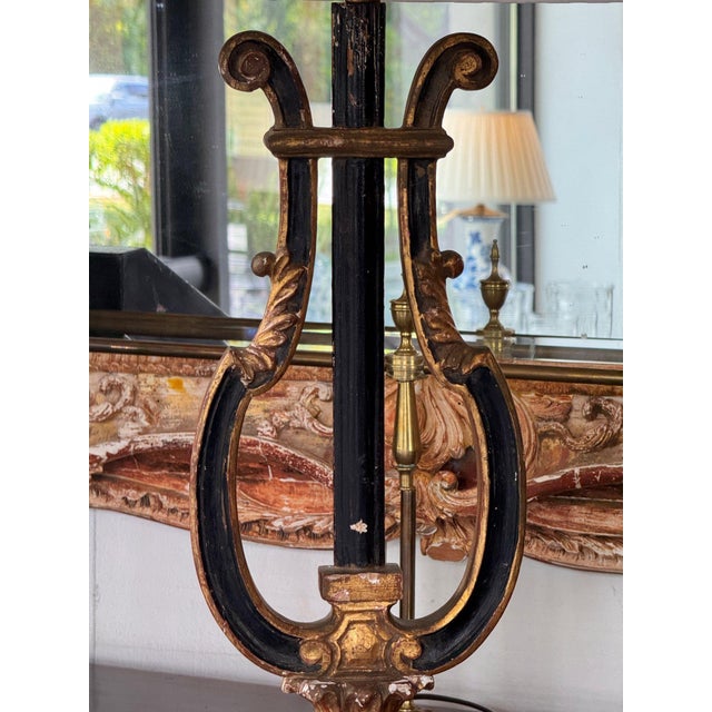 Black Vintage Italian Ebonized and Gilt Lyre Form Lamp For Sale - Image 8 of 12