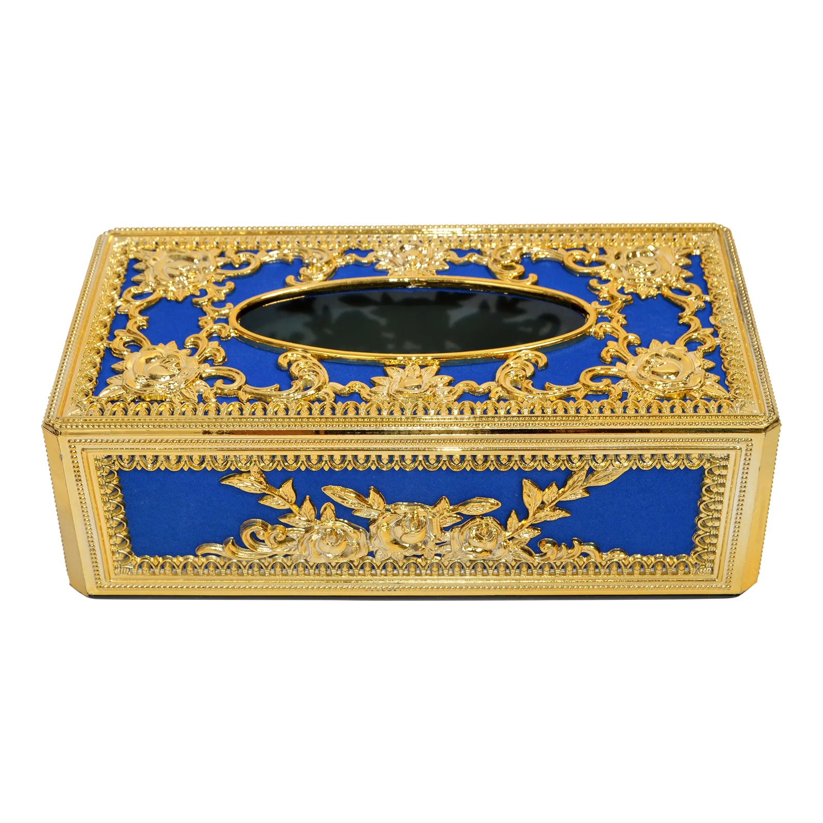 1980s Victorian Golden Rose Royal Blue Velvet Rectangle Tissue Box