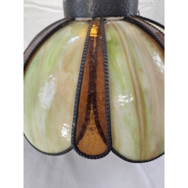 Vintage Mid-Century Modern Green Slag & Amber Glass Hanging Swag Lamp For Sale - Image 9 of 11