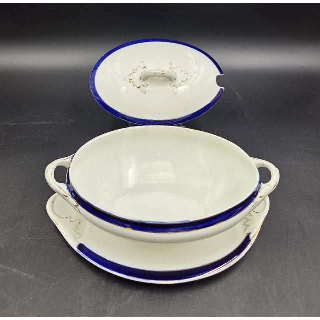 Mid 20th Century Large English Gravy Boat With Cobalt Blue Stripe For Sale - Image 15 of 18