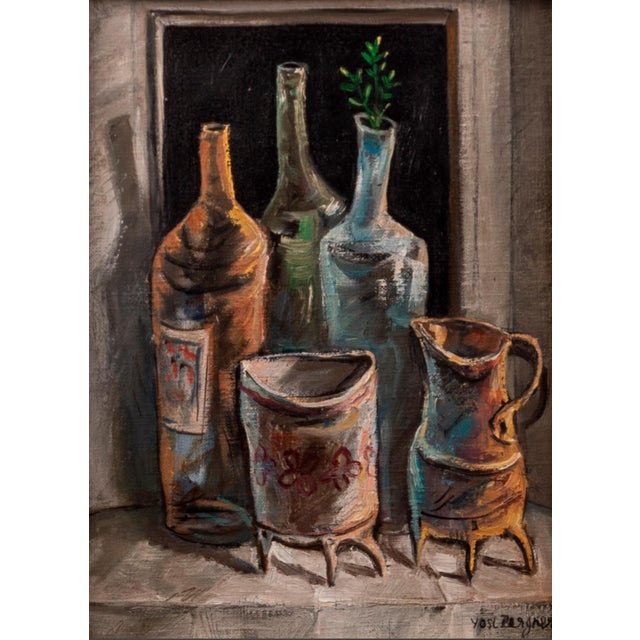 Paint Yosl Bergner, Israeli Yosl Bergner Modernist OIl Painting Kitchen Bottles Coffee, Vase For Sale - Image 7 of 8