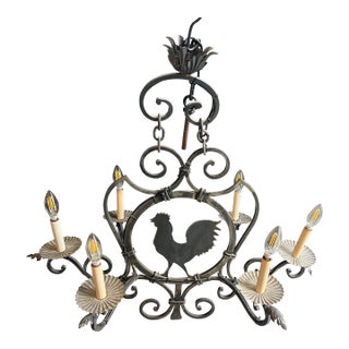 Vintage Black Metal Rustic Style Rooster Chandelier With Leaf Accents For Sale