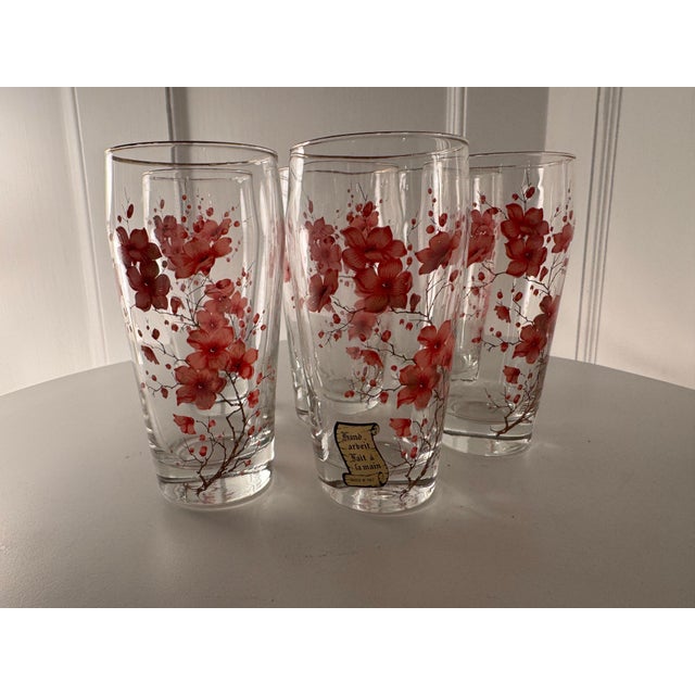 Mid 20th Century Mid 20th Century Italian Hand Painted Glasses With Pink Flowers- Set of 6 For Sale - Image 5 of 11