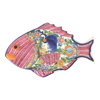 Vintage Signed Hand Painted Ceramic Colorful Fish Platter For Sale