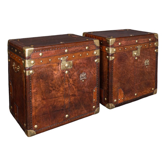 Pair of Late Vintage Luggage Trunks, English Leather, Brass, Storage, Nightstand For Sale
