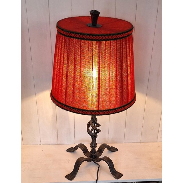 Rustic Rustic Table Lamp with Handmade Black Iron Base and Red Fabric Shade by Triebenbacher, 1970s For Sale - Image 3 of 8