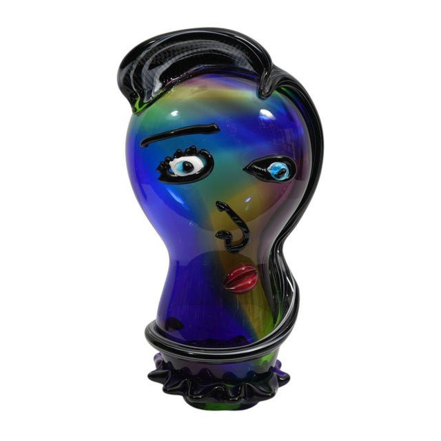 Hand Crafted Murano Pop Art Glass Sculpture of the Stylized Head of a Woman. Vivid colors of cobalt blue and black with...