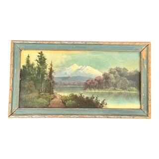 Antique Hand-Painted Landscape Oil Painting – Rustic Mountain Scene in Distressed Wood Frame For Sale