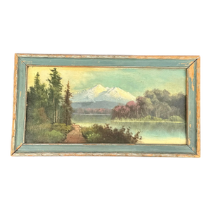 Antique Hand-Painted Landscape Oil Painting – Rustic Mountain Scene in Distressed Wood Frame