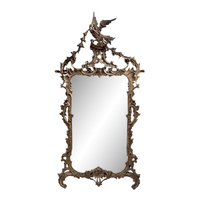 Chippendale Chinoiserie Style Carved Giltwood Bird Mirror, Italy For Sale