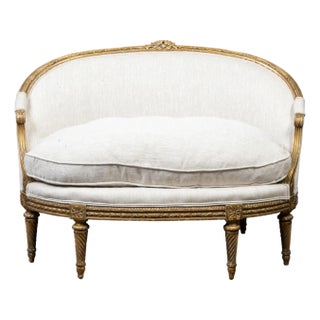 French Louis XVI Style 19th Century Giltwood Upholstered Canapé en Corbeille For Sale