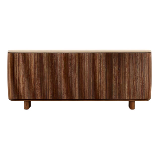 Slatted Teak Rounded Sideboard Credenza For Sale
