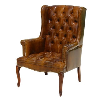 Vintage Tufted Faux Leather Wingback Armchair – Chesterfield Library Chair For Sale
