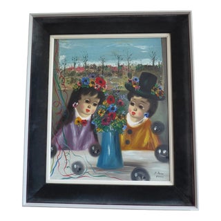 S. Reno, Portrait of Two Children, 1960s, Oil Painting on Canvas, Framed For Sale