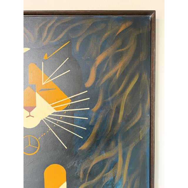 Wood Large Vintage Abstract Geometric Cat Acrylic on Canvas – Framed For Sale - Image 7 of 16