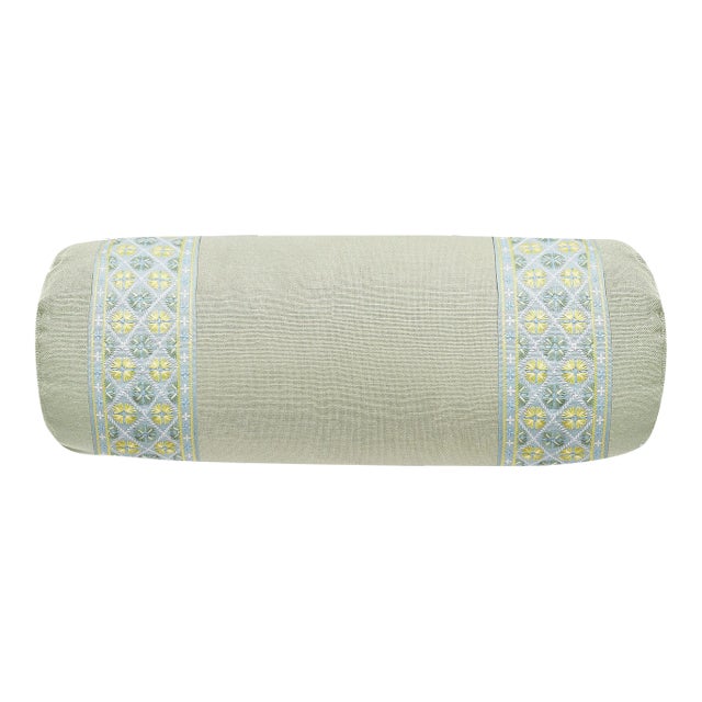 The House of Scalamandré Toscana/Hansel Bolster Pillow, Sea Mist/Summer Breeze For Sale