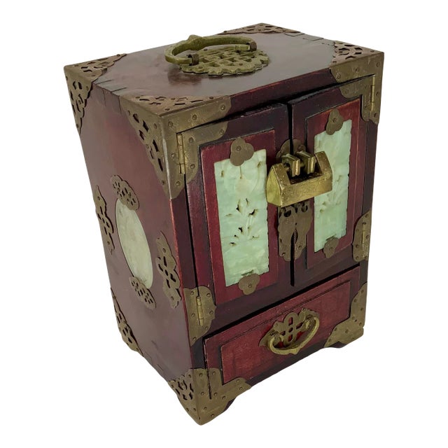 Vintage Chinese Jewelry Box With Carved Hardstone Inserts and Brass Hardware For Sale