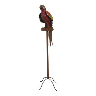 Vintage Toleware Giant Metal Parrot Sculpture on Perch For Sale