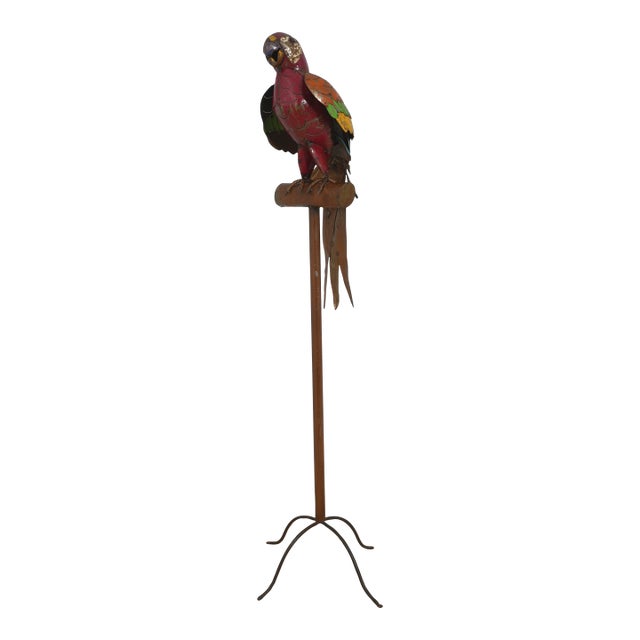 Vintage Toleware Giant Metal Parrot Sculpture on Perch For Sale