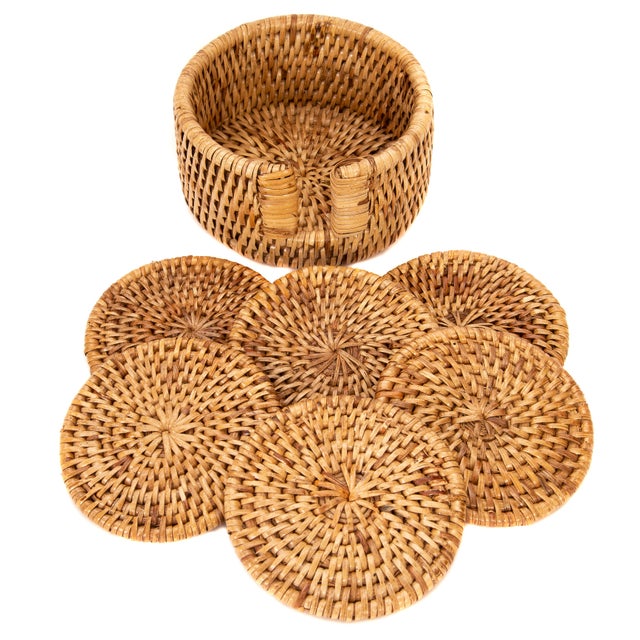 Boho Chic Artifacts Rattan 6-Piece Round Coaster Set With Box For Sale - Image 3 of 5