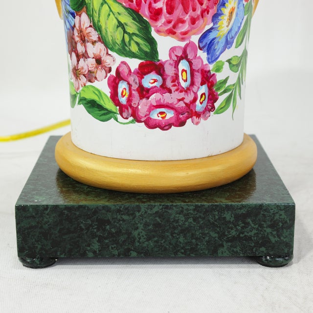 Late 20th Century Vintage Floral Hand-Painted Brunschwig & Fils Wooden Table Lamps With Green Faux Marble Bases For Sale - Image 5 of 17