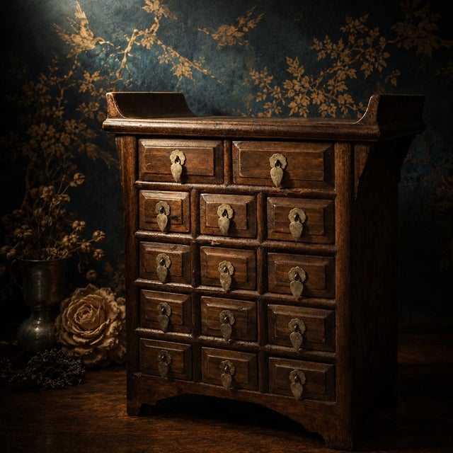 1910s Antique Wooden Apothecary Tabletop Chest - 14-Drawer Desktop Cabinet For Sale - Image 5 of 6