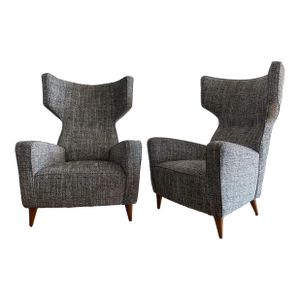 Renzo Zavanella Attributed 1950's Pair of Wingback Armchairs Newly Reupholstered in Tweed
