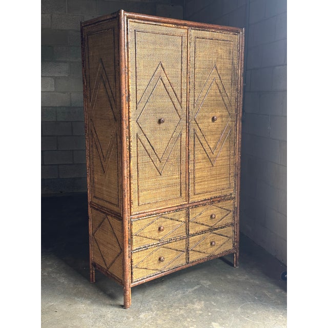 English 1980s Tortoiseshell British Colonial Bamboo & Rattan Wardrobe Attributed to Ralph Lauren for Bloomingdale’s For Sale - Image 3 of 12