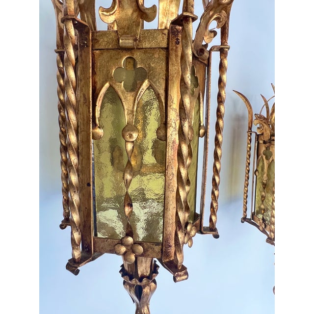 Pair of Italian Gothic Revival Hand Forged Gilt Lanterns For Sale - Image 4 of 14