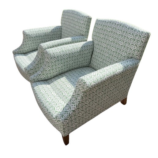 English A Pair of Howard & Sons Green and White Lounge Chairs With Custom Tan Slipcovers For Sale - Image 3 of 18