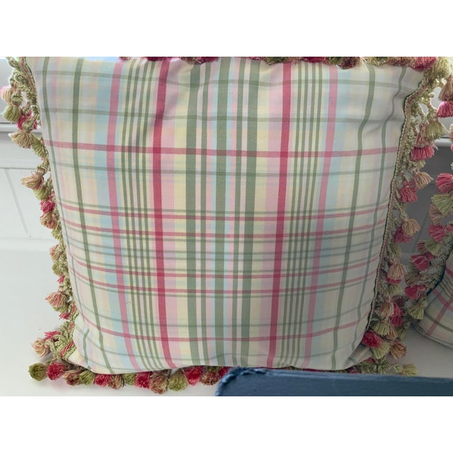 Traditional Pair of Custom Celery & Pink With Zipper Covers, Down Inserts Included For Sale - Image 3 of 4