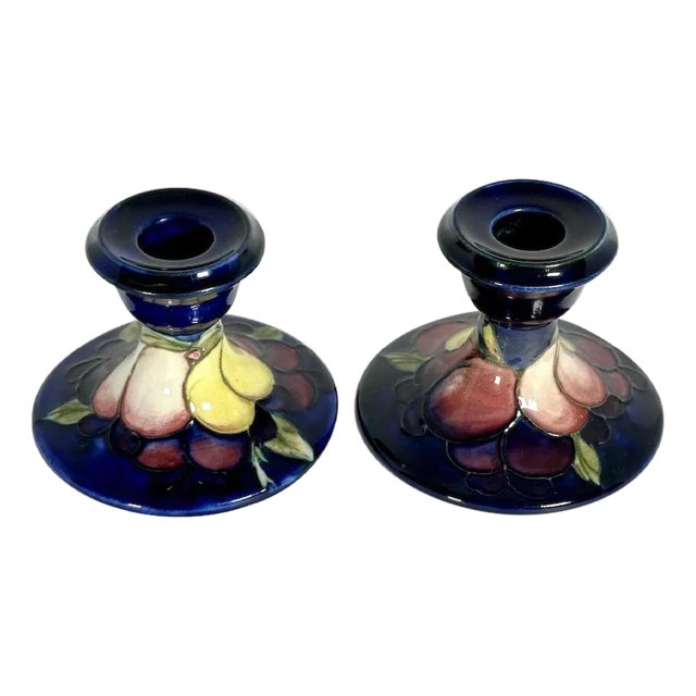 Moorcroft Wisteria Pottery Candlestick Holders Pair c. 1930s For Sale