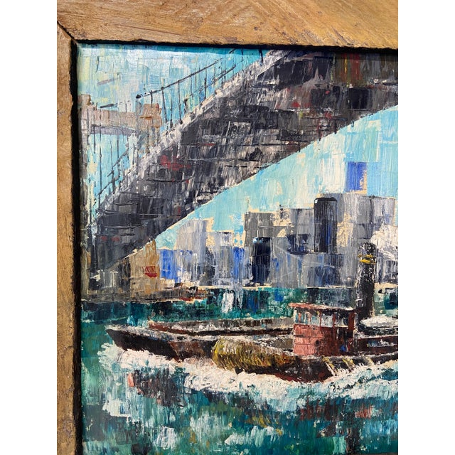 An original Impressionist style oil on board painting of a tug boat under a bridge with city skyline in the background....