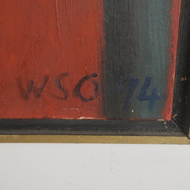 William Skotte Olsen (1945-2005): Composition with figures, bird and houses. Oil on masonite, Sign. WSO 94. 48 x 72 cm,...