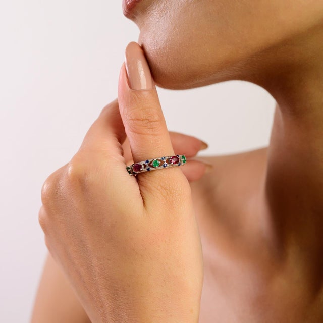 Antique 1.17 Carat Multi Gemstone Half Band Wedding Ring Crafted in Solid Silver - Size 7 For Sale - Image 6 of 10