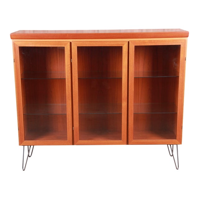 Skovby Danish Modern Teak Glass Front Triple Bookcase On Hairpin Legs Chairish