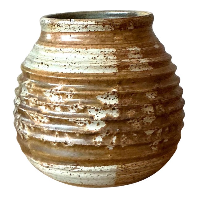 Vintage Boho Ribbed Studio Pottery Vase For Sale